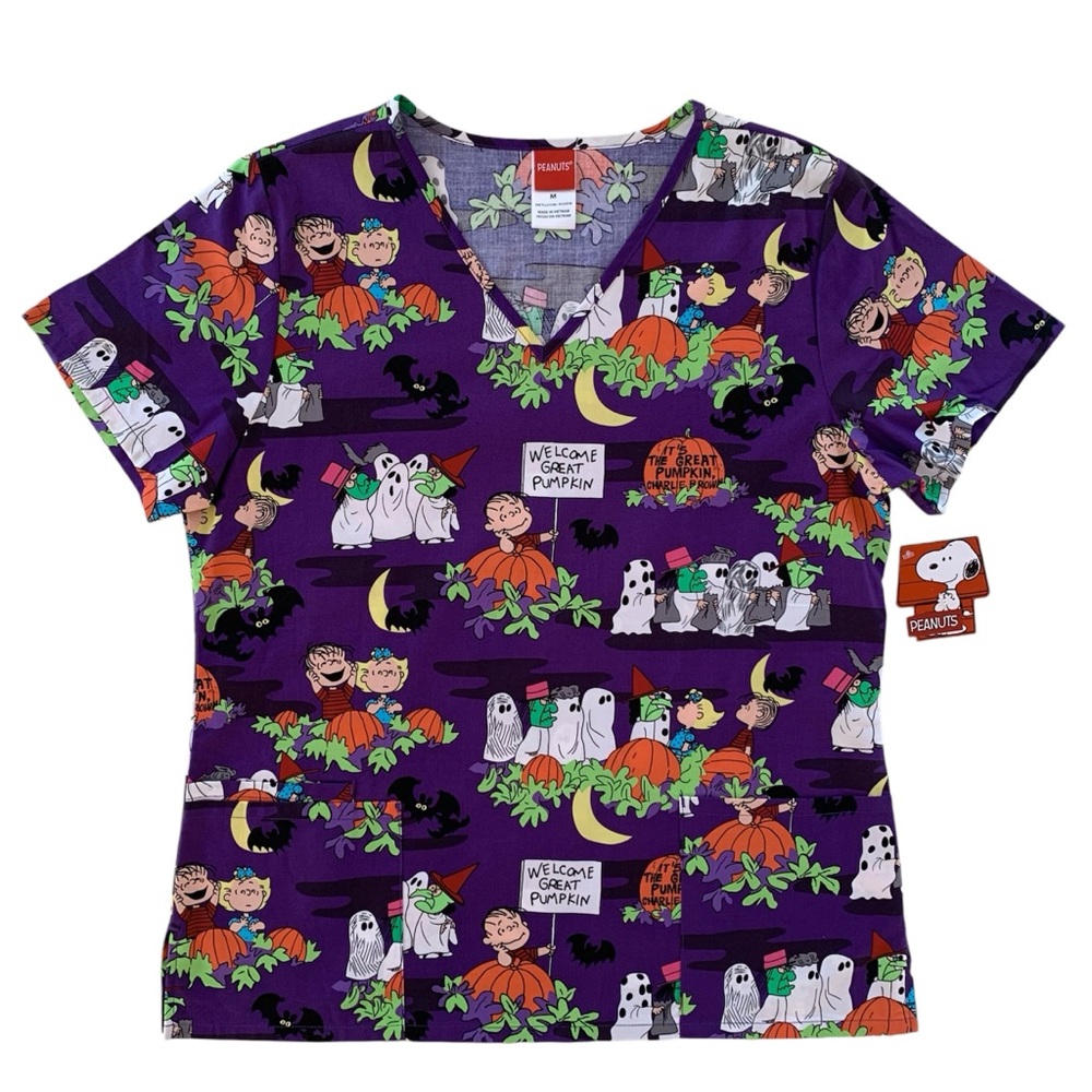 Peanuts Charlie Brown Halloween It’s The Great Pumpkin V-Neck Scrubs Top, Medium